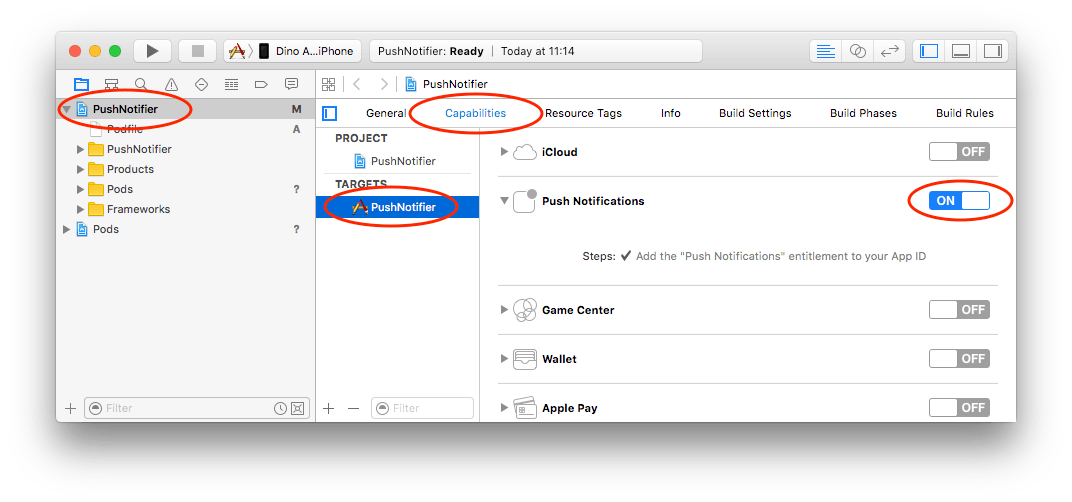 Select your target, open the Capabilities tab and then enable Push Notifications